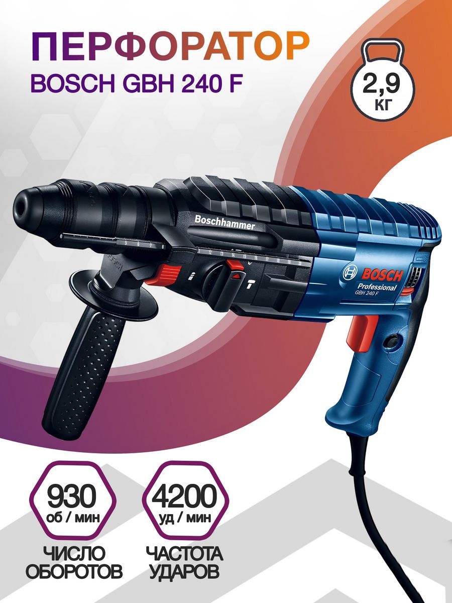Перфоратор Bosch GBH 240 F патр.:SDS-plus уд.:2.7Дж 790Вт (кейс в комплекте)