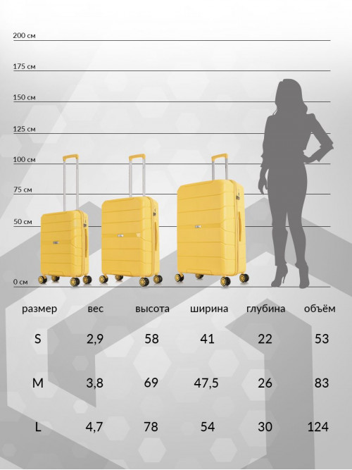 Чемодан на колесах L большой, желтый - Чемодан полипропилен, семейный Lcase
