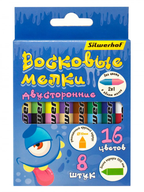 Восковые мелки Silwerhof Jumbo Монстрики двусторонние 16цв. дл.100мм д.10мм картон.кор.